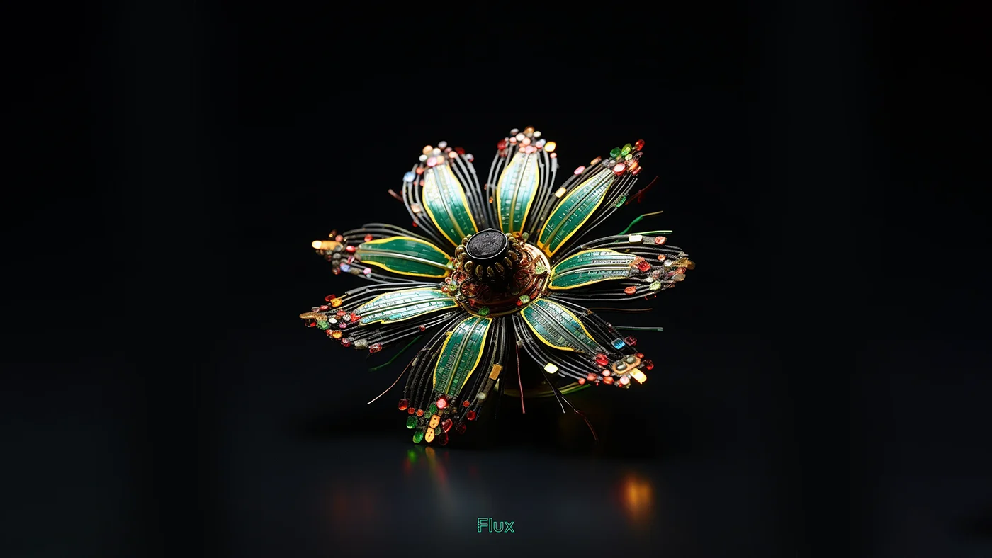 This image presents a digital art piece resembling a mechanical flower in full bloom. The flower's petals are composed of flex and rigid pcb, reminiscent of a futuristic plant life form. Each petal is edged with delicate beads of red, green, and gold, simulating tiny blossoms or lights. The flower's core is a dark, spherical assembly that anchors the petals, giving the impression of a central, intricate stamen. The artwork is set against a deep black background, with a subtle reflection visible below, hinting at a glossy surface upon which the mechanical flower rests.